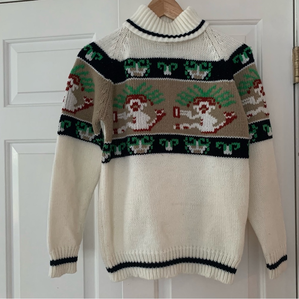 VTG Kimlon Aztec Monkey Sweater Vintage Womens White Southwest Medium Small